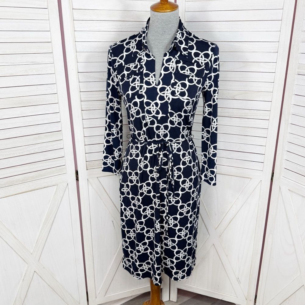 Merona Geometric Links Collared Tie Waist Shirt Dress Blue White Small